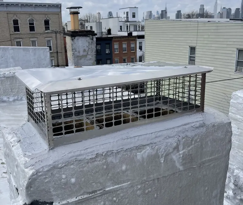 Stainless steel cap over several flues on a parged chimney, with the city skyline behind