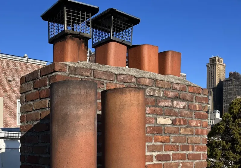 Brick chimney with clay flue pots and caps on a city roof