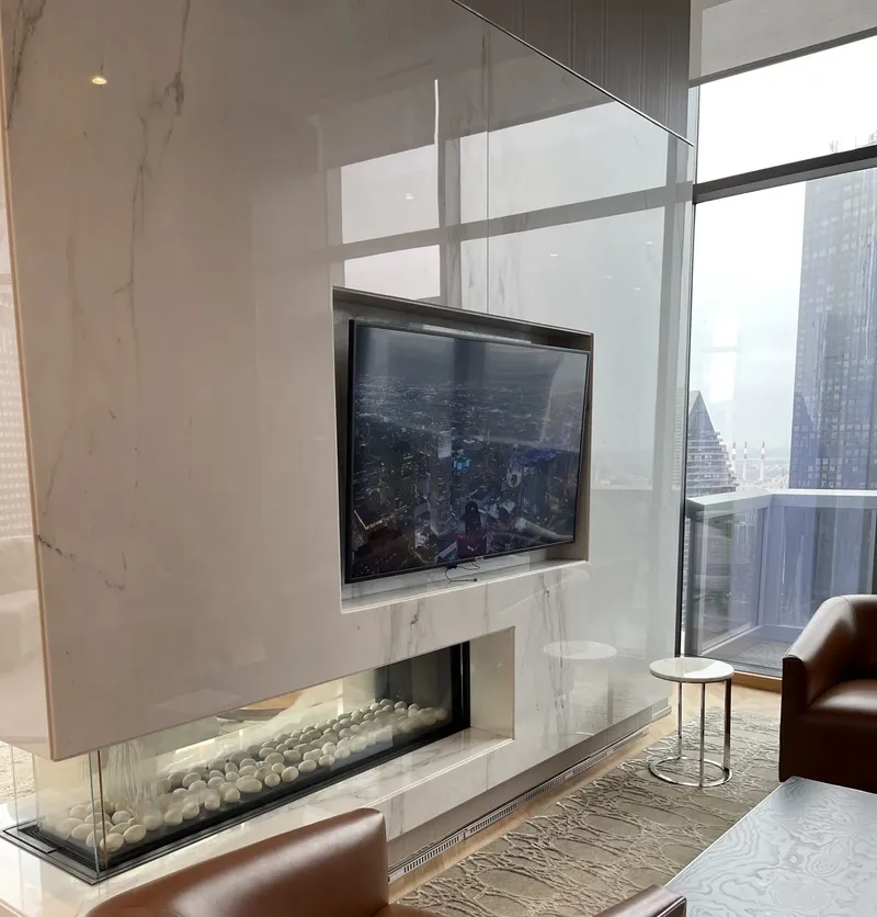 Modern gas fireplace in a high-rise apartment