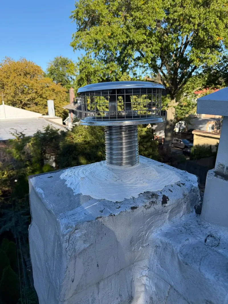Round stainless steel cap on a liner at the top of a parged chimney