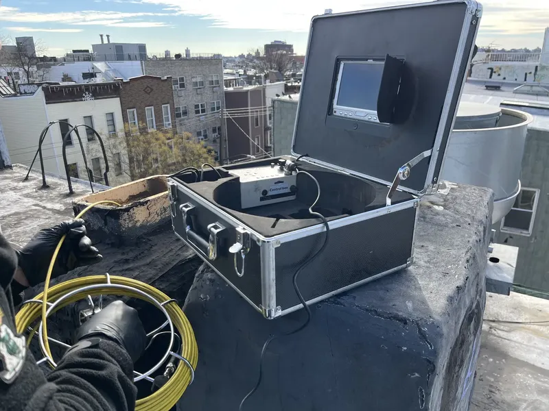 Inspection camera case open on a rooftop