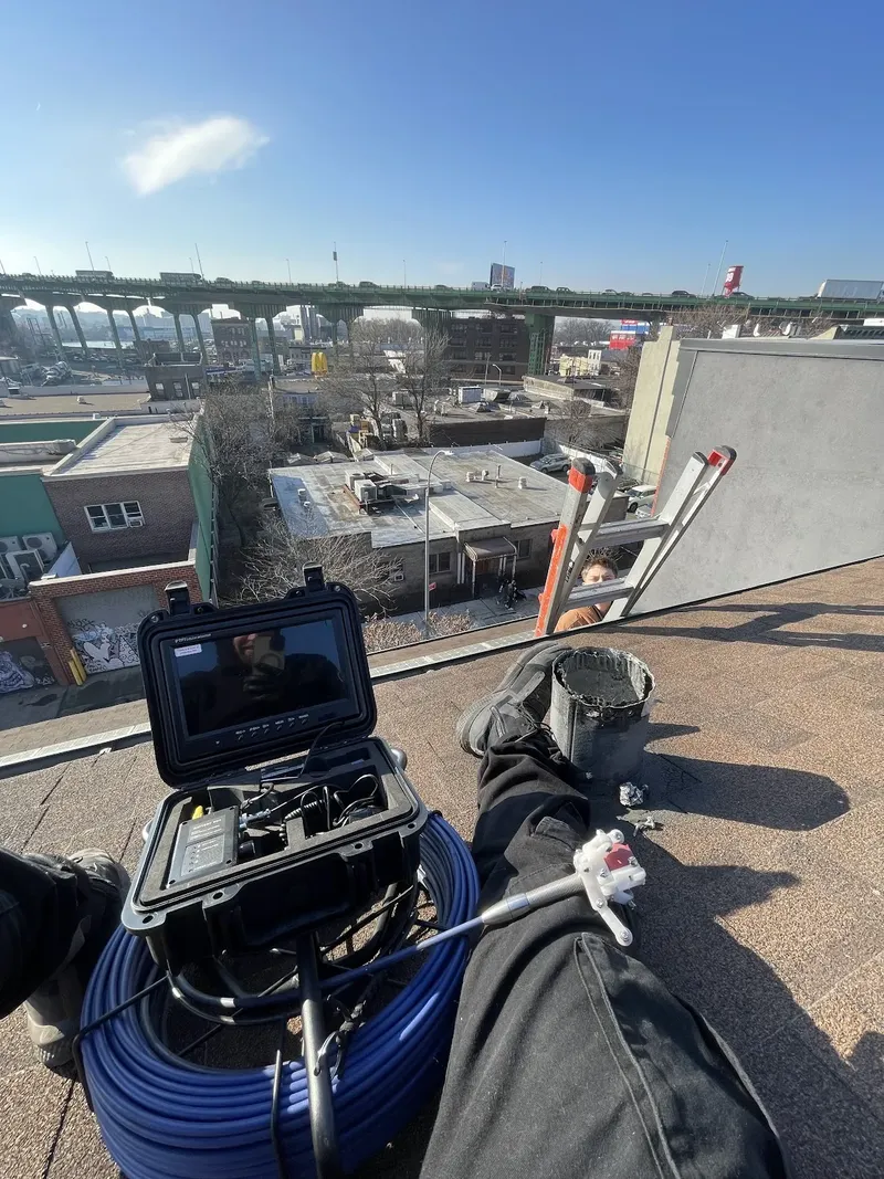 Chimney inspection camera on a city rooftop