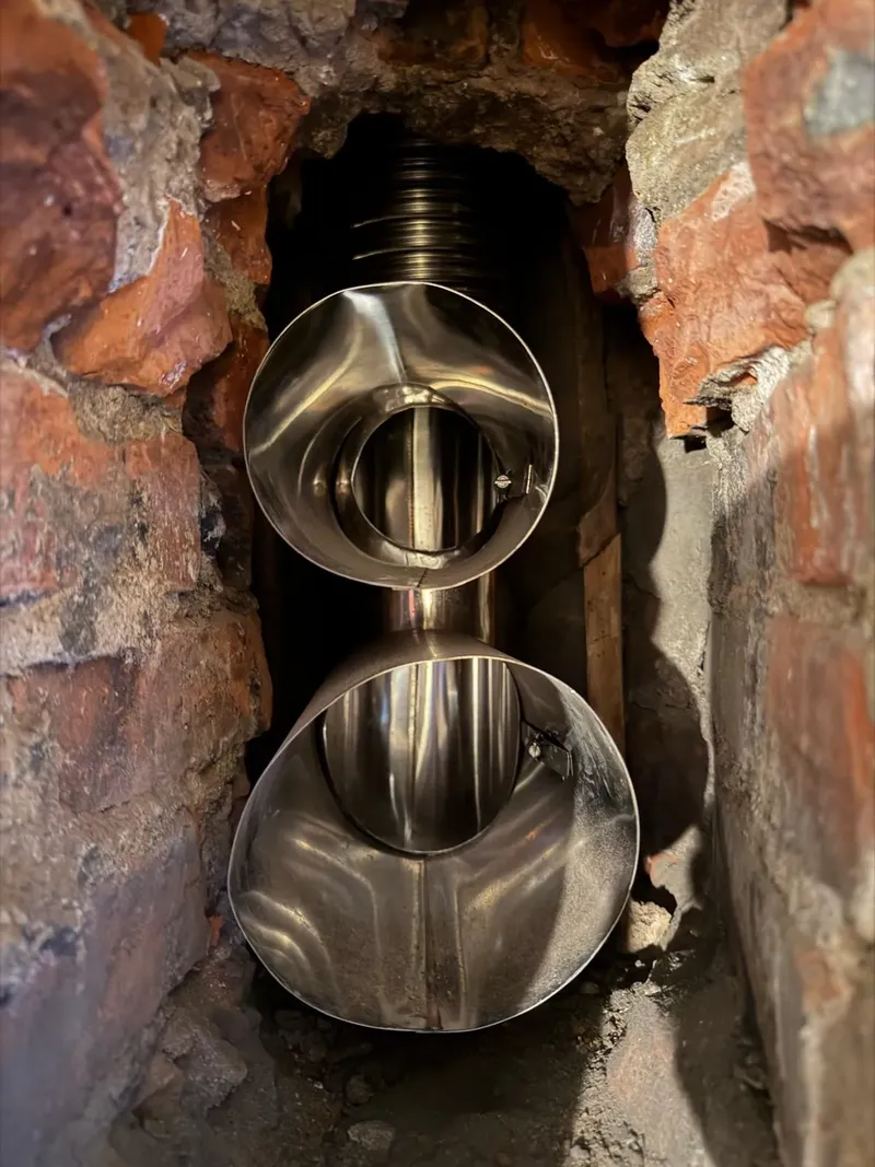 Stainless steel liners inside an opened masonry chimney
