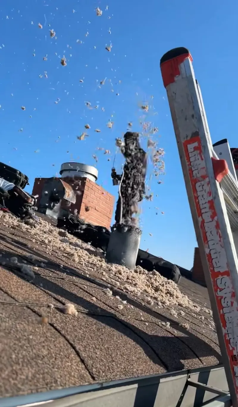 Soot and debris coming out of a chimney during a sweep from the roof