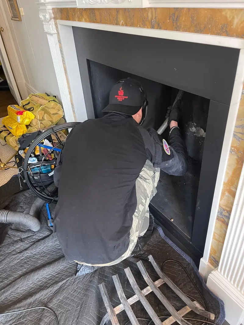 Technician working inside a fireplace