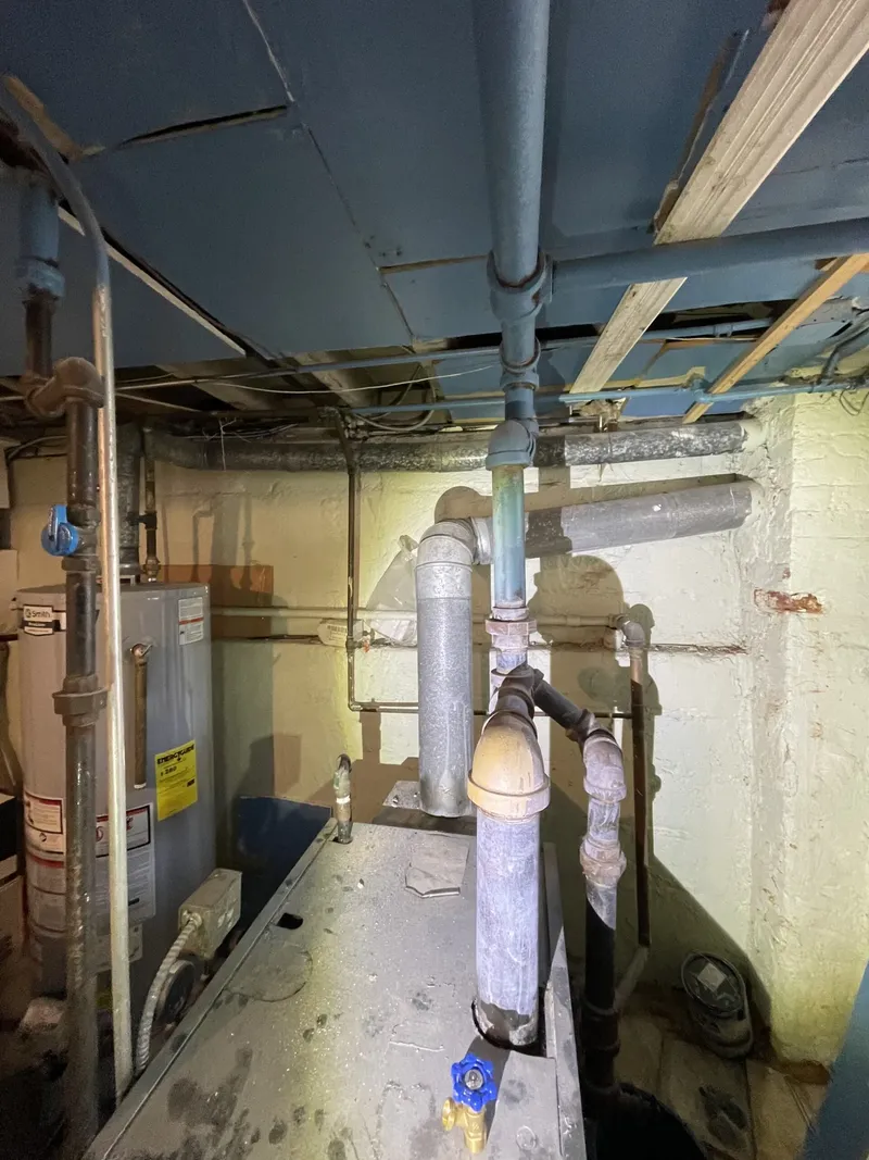 Row of gas water heaters with their vent connections in a building basement